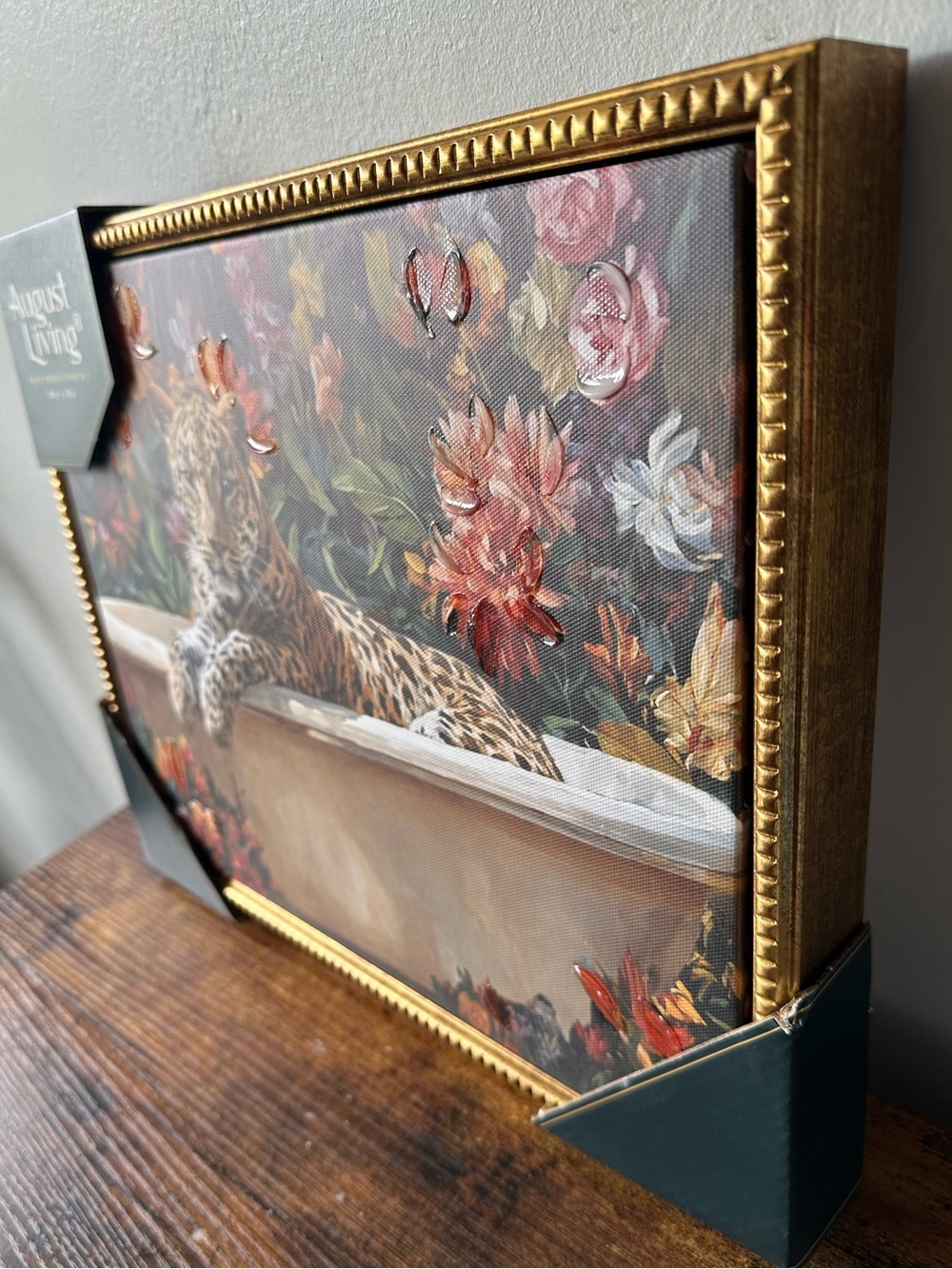 Leopard in Bathtub with Floral Background Wall Art Decor Gold Studded Frame NWT - Picture 2 of 4
